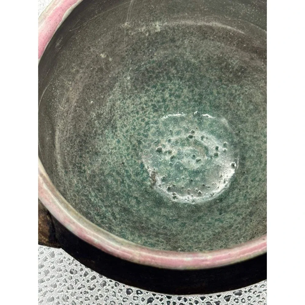 Signed Studio Pottery Bowl‎ Small Pink Purple Iridescent Shell Accents Boho